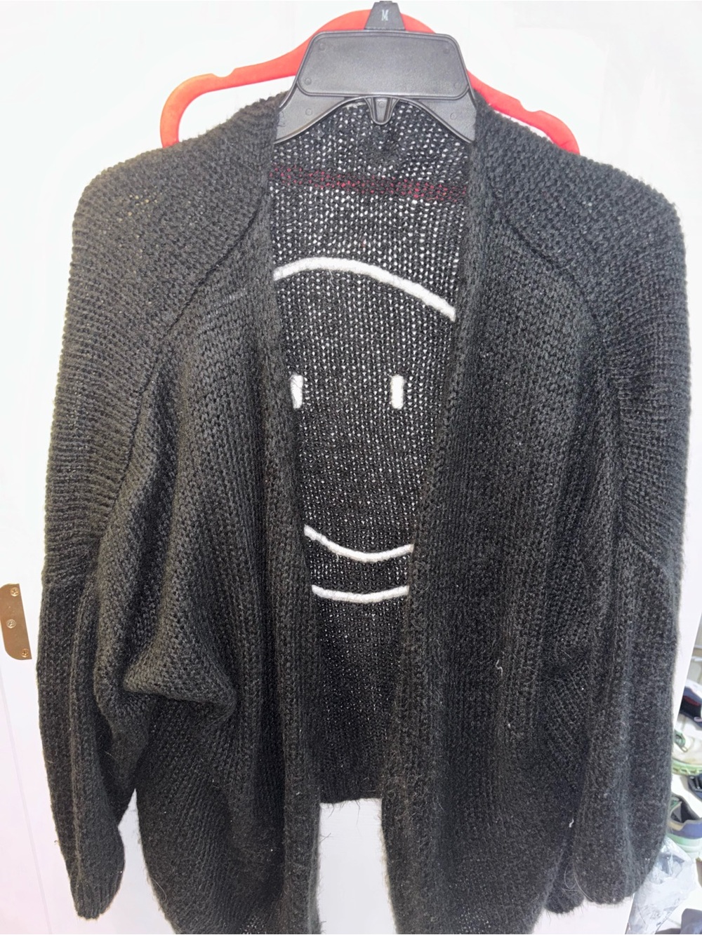 Elan Black Open-Front Textured Knit Cardigan w/ white stitched smiley on back
